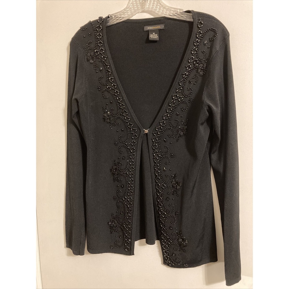 BCBG Maxazaria Women's Cardigan Blouse Black Medium Accent Beads #19